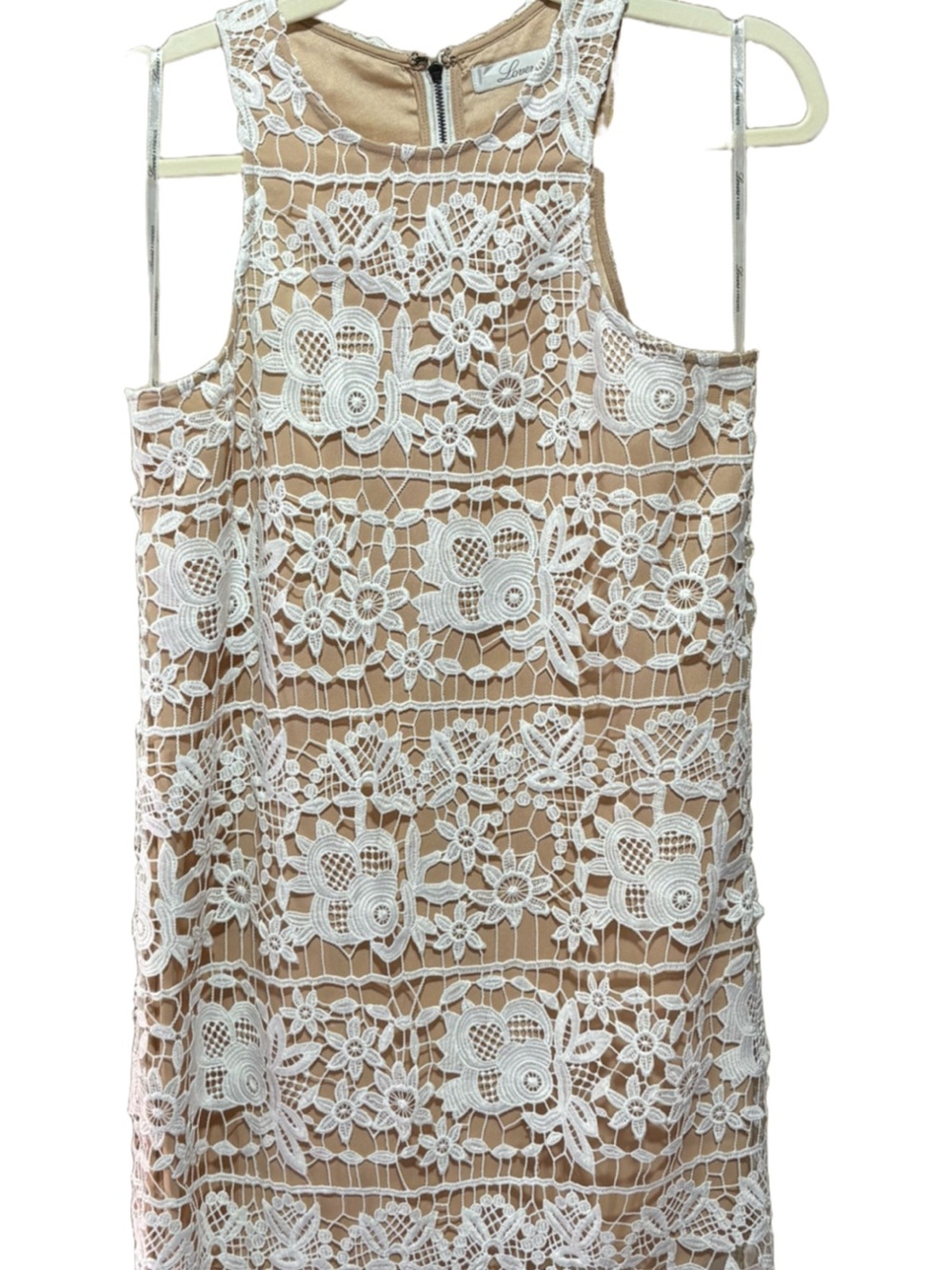 Lovers + Friends Blush Tan Dress with White Lace Overlay